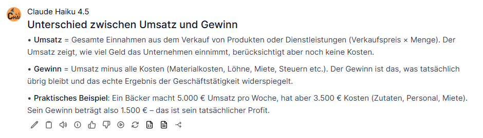 Eine Antwort des Modells mit der Symbolleiste darunter