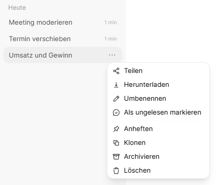 Das Kontextmenü eines Chats mit Teilen, Herunterladen, Umbenennen, Anheften, Klonen, Archivieren und Löschen