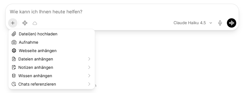 Das geöffnete Plus-Menü mit Datei(en) hochladen, Aufnahme, Webseite anhängen, Dateien, Notizen, Wissen und Chats